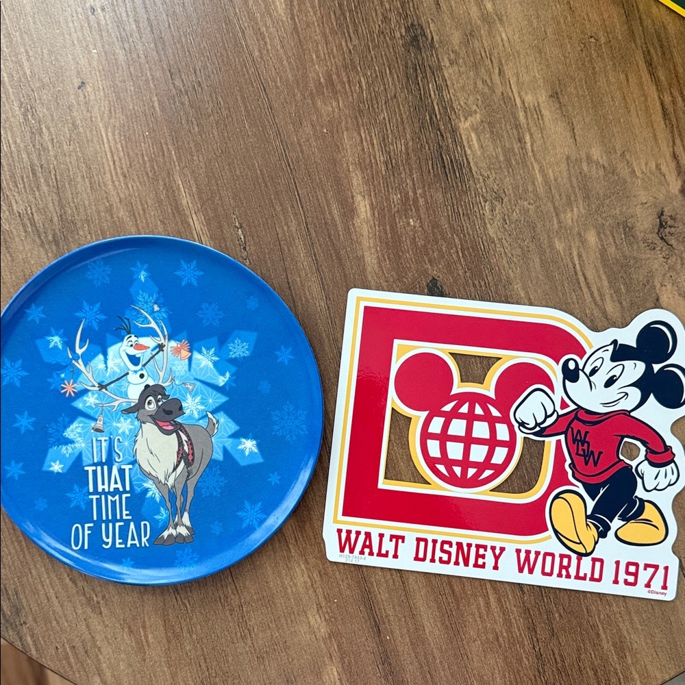 Disney Blue Frozen Plate with Olaf and Sven and WDW Mickey Magnet